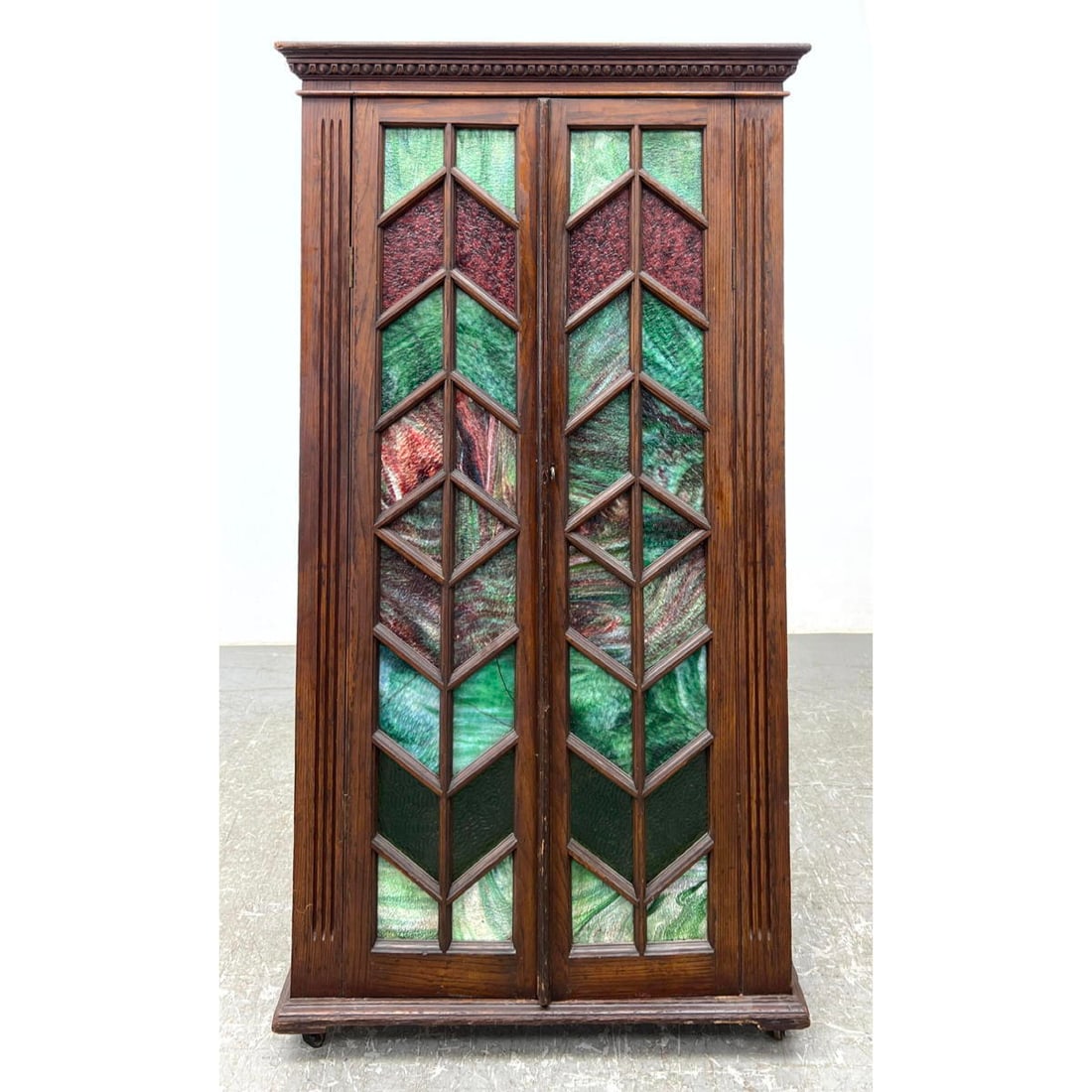Mission oak arts and Crafts bookcase with 2 slag glass doors. Hidden lower cabinet drawer. (1 of 18)