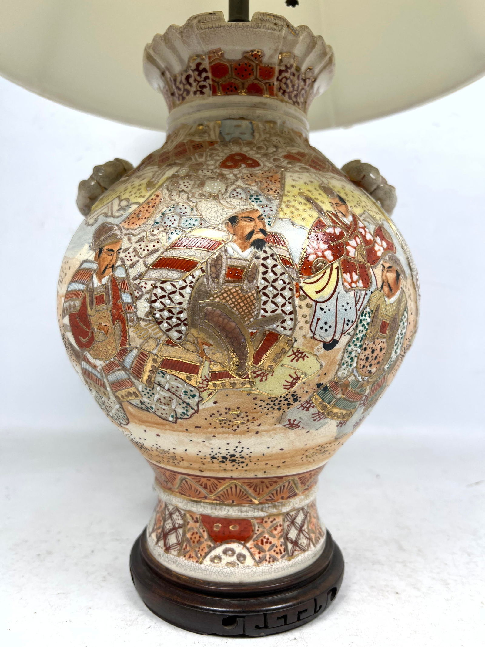 Large Japanese Satsuma Porcelain Vase Table Lamp. Applied 3D Floral Decorative Elements. Pleated Sca (1 of 12)