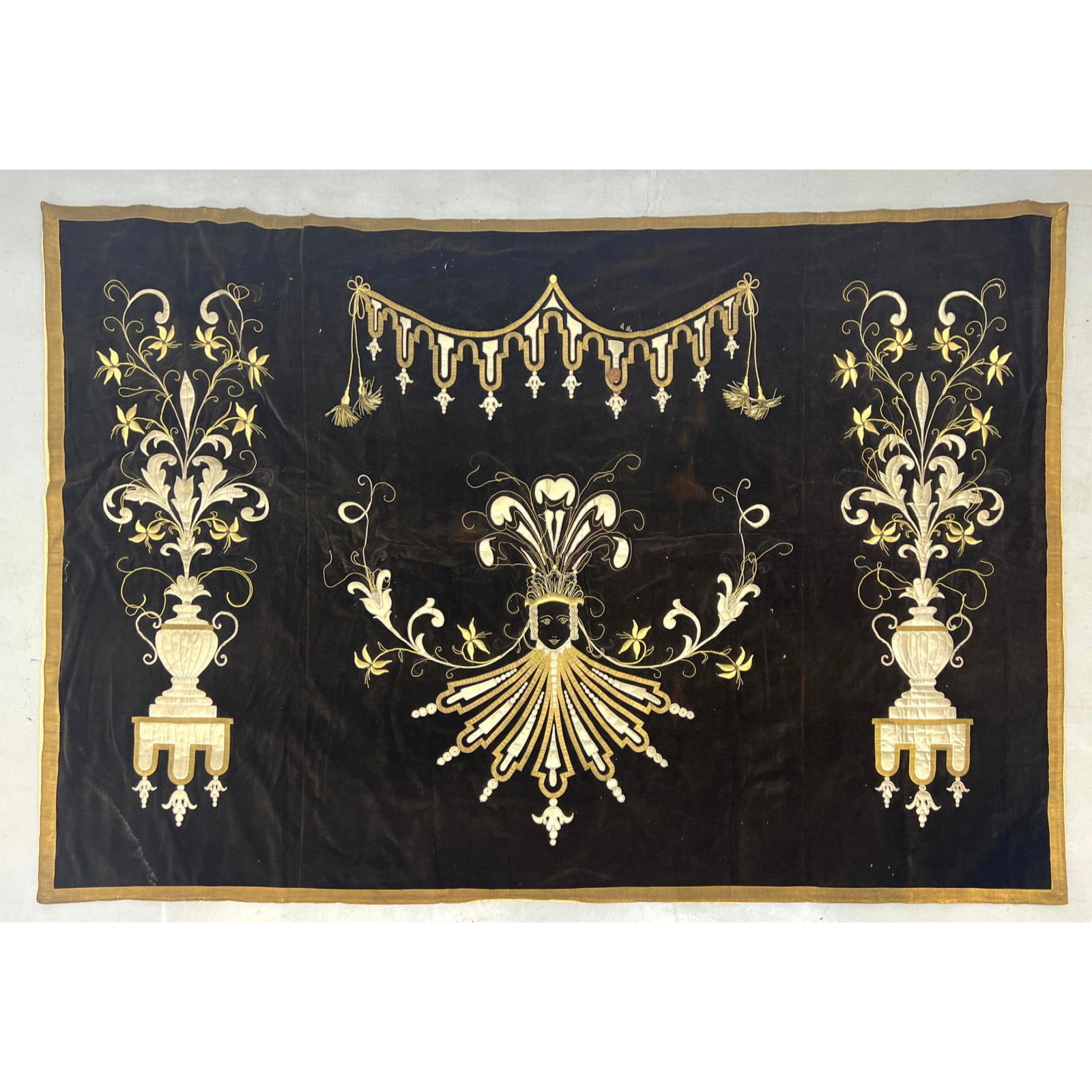 5'8 x 8'7 Velvet Tapestry Wall Hanging. Embroidered and Appliqu?d Ornamental Designs. Floral Urns. T (1 of 12)