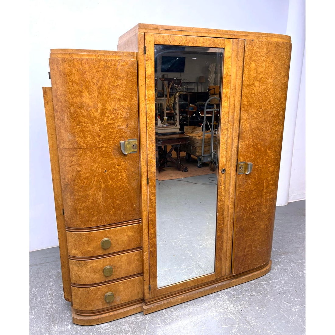 Mirrored Maple Burl Armoire with Drawers and Shelves. French. c. 1930 (1 of 14)