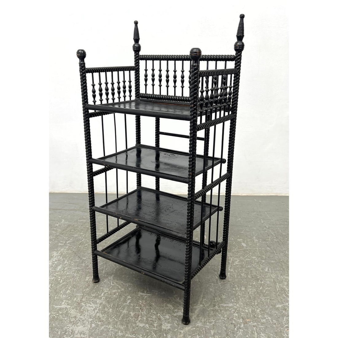 Victorian Barley Twist 4 Shelf Display Shelves. Decorative spindles. Black paint finish.: Victorian Barley Twist 4 Shelf Display Shelves. Decorative spindles. Black paint finish. Dimensions: Height: 39.25 inches, Width: 17.25 inches, Depth: 13 inches. ---