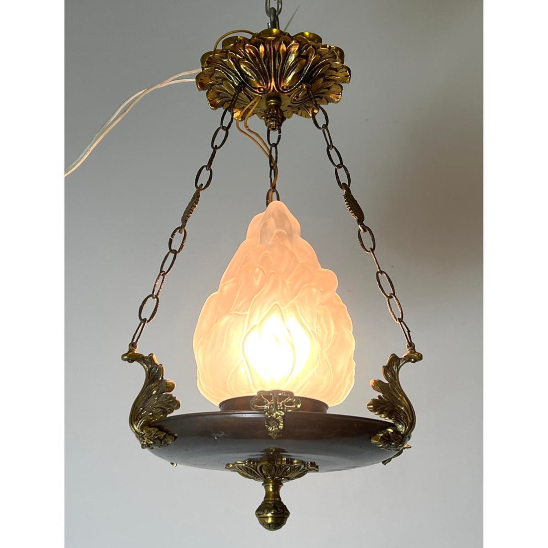 Antique Decorator Frosted Glass Flame Shade Chandelier. Regency style.: Antique Decorator Frosted Glass Flame Shade Chandelier. Regency style. Dimensions: Height: 20 inches, Width: 11.5 inches, Depth: 11.5 inches. ---