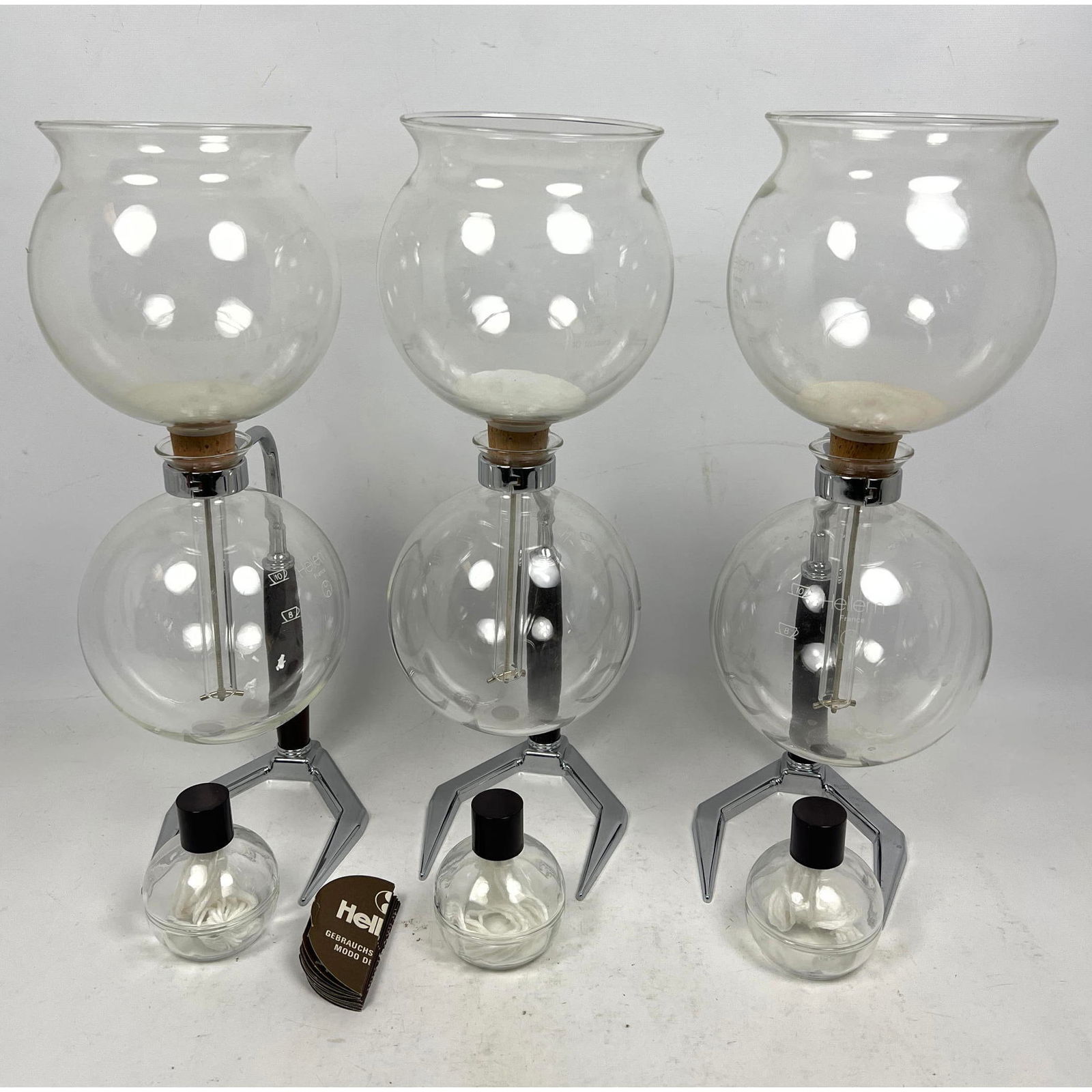 3 Sets HELLEM Vacuum 10 Cup Coffee Maker. Glass Burner and Chrome  Support Stands.  HELLUM hang tag (1 of 11)