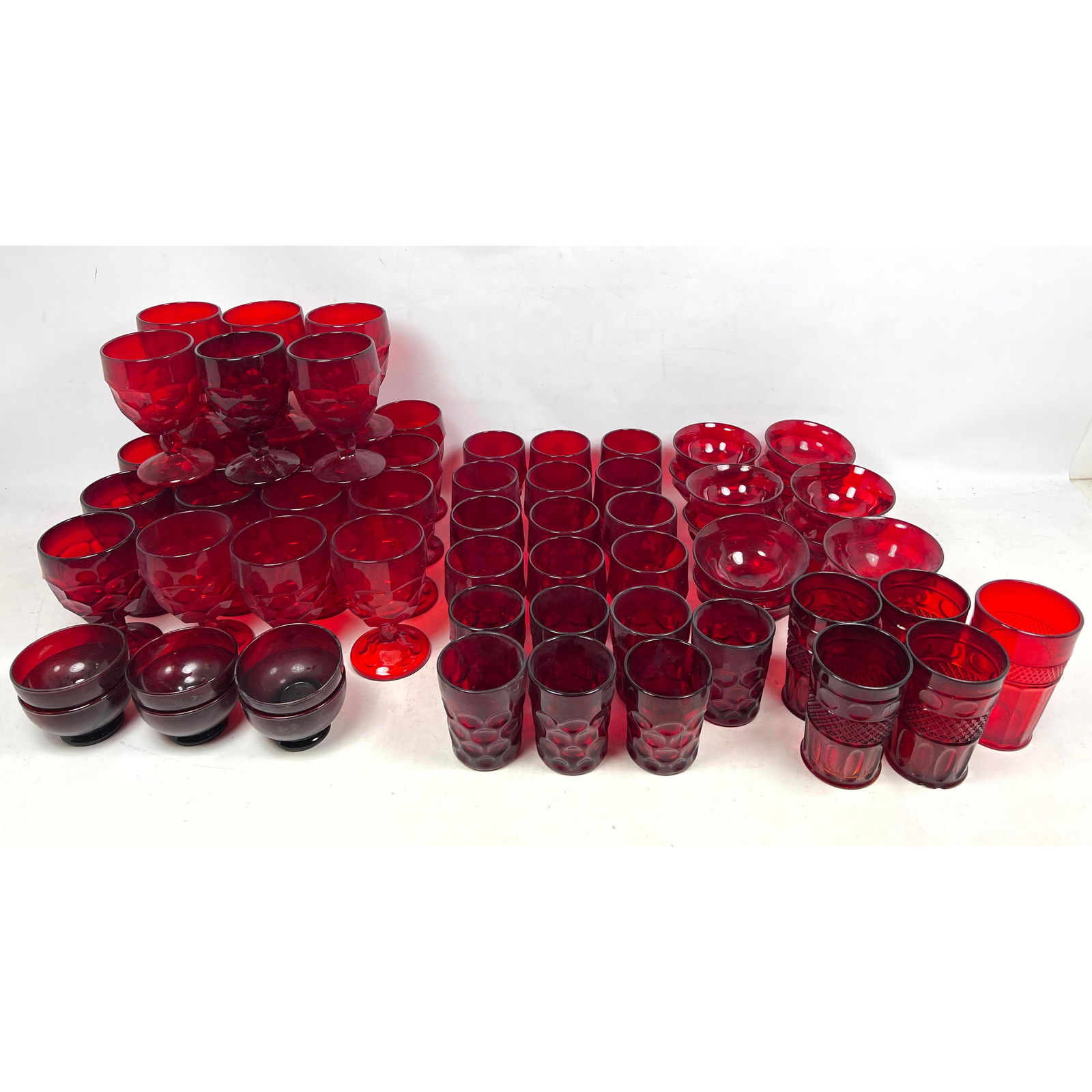 Large Collection of Ruby Glass Glassware. Sherberts, Tumblers, Footed Bowls. Stem Glasses with thumb (1 of 14)