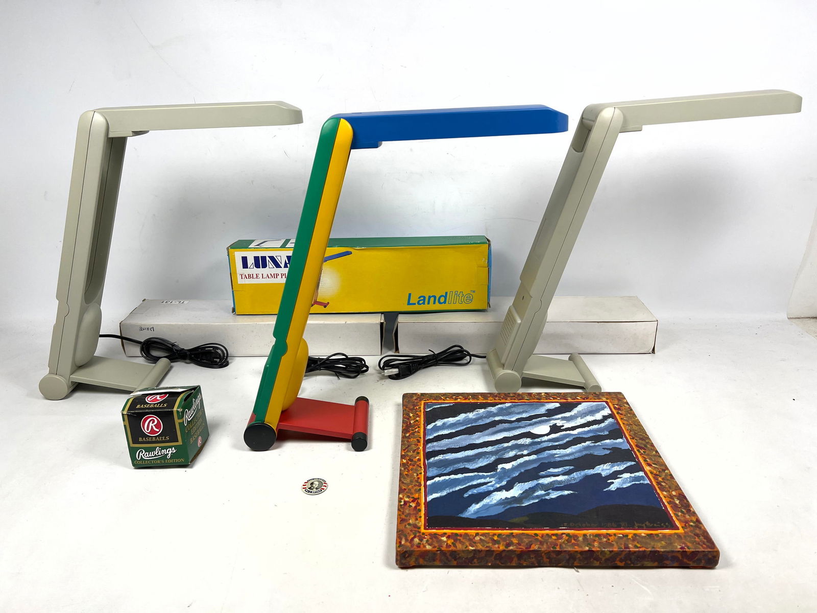 Mid Century Modern Lot. 3 Folding Lamps. and small Square Painting. Luna lamp, Jay Weiss.  1986 (1 of 14)