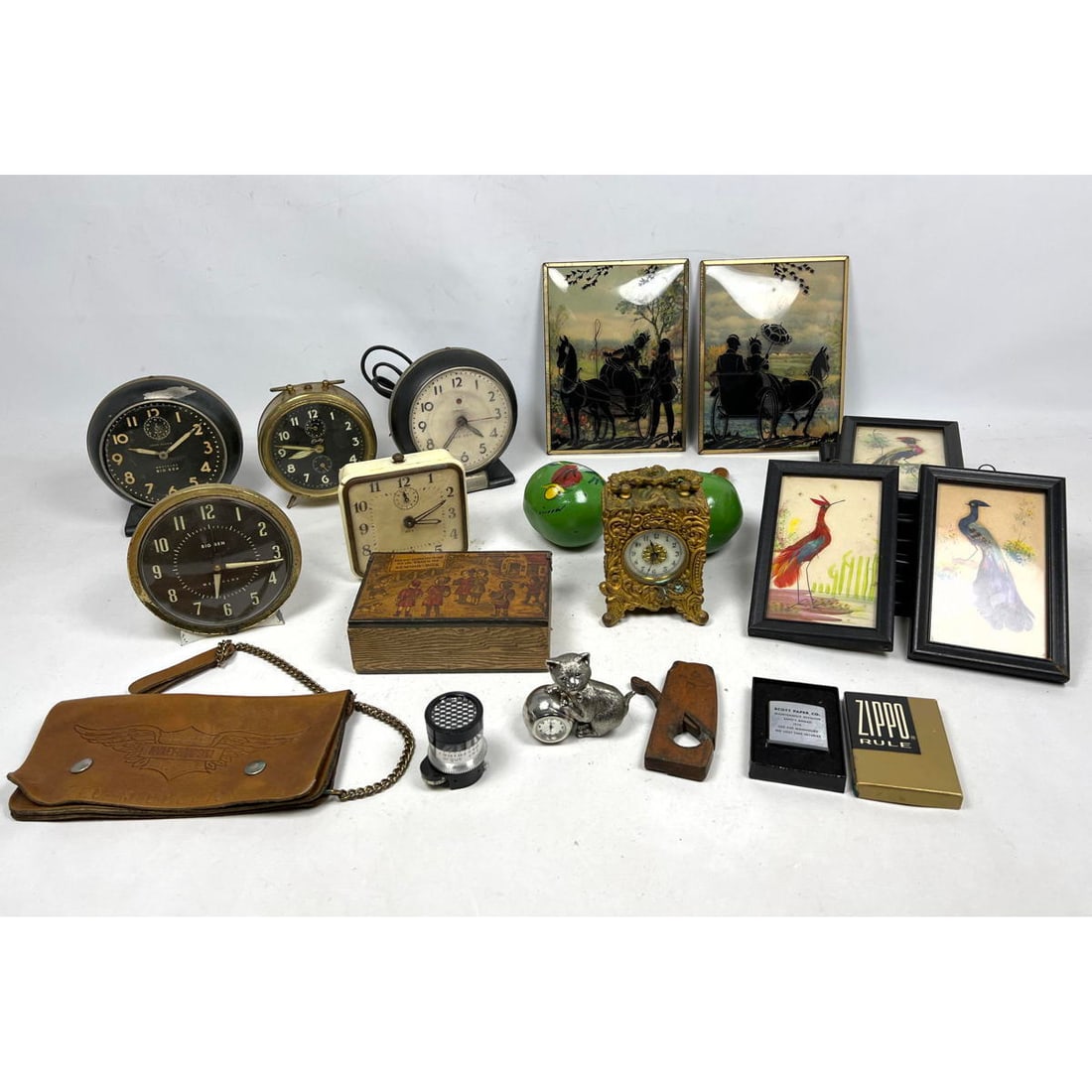 Mixed shelf lot. Baroque style mini clock. Scott Paper ZIPPO Lighter. Several Vintage alarm clocks; (1 of 20)