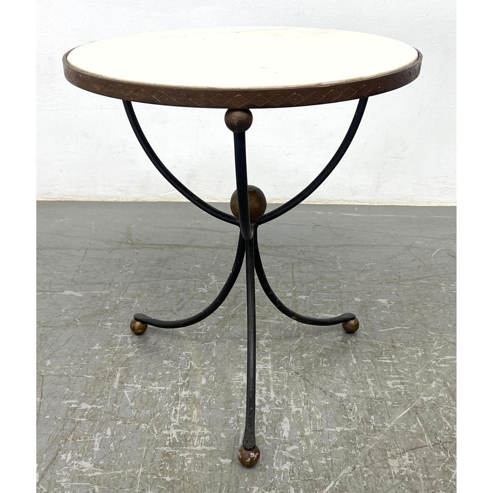 Round Marble Top Side Table. Tripod Iron Base Frame. Marble marked Italy. (1 of 9)