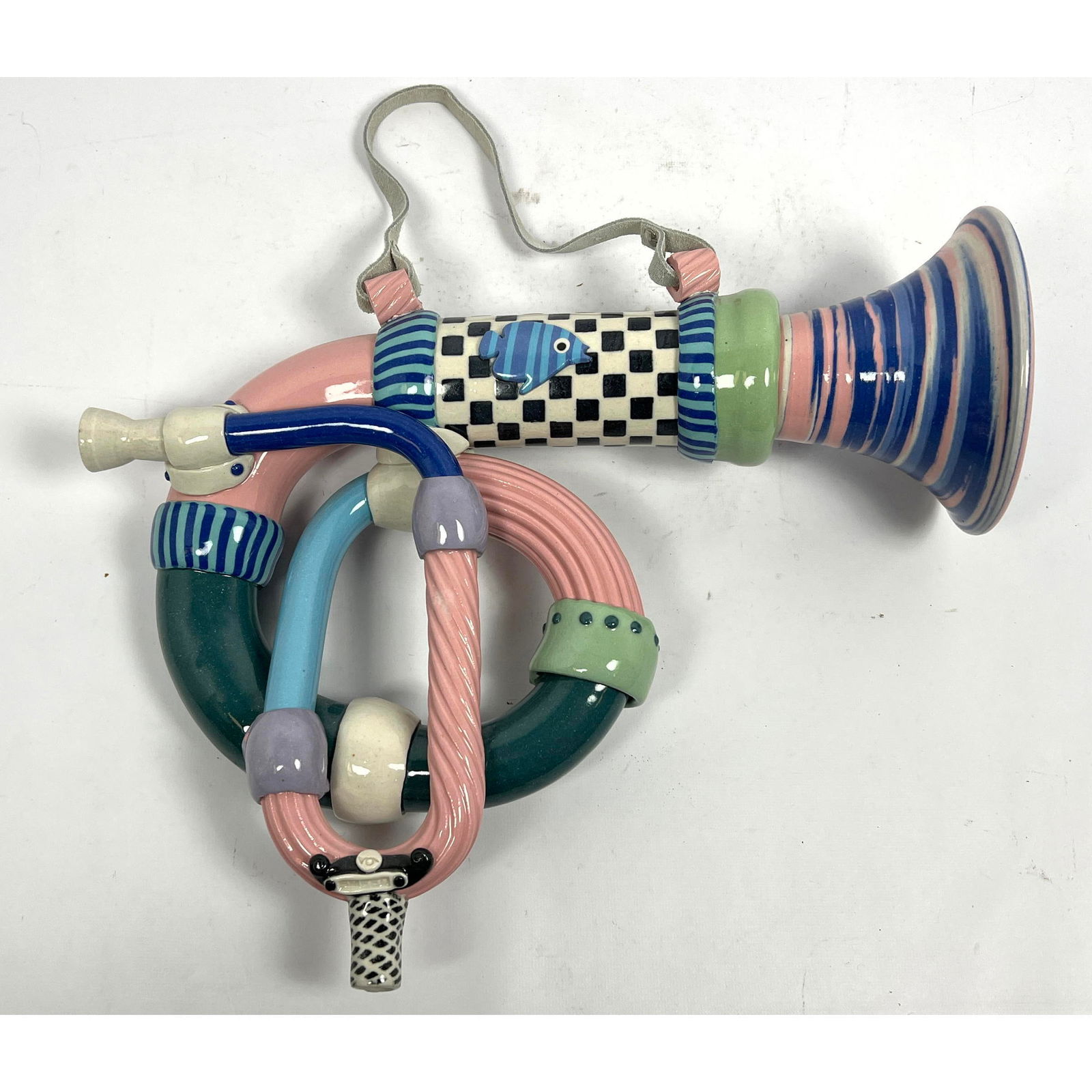 Postmodern Steve Smeed Studio Pottery Glazed Ceramic Horn Musical Instrument Wall Hanging.  Marked. (1 of 10)