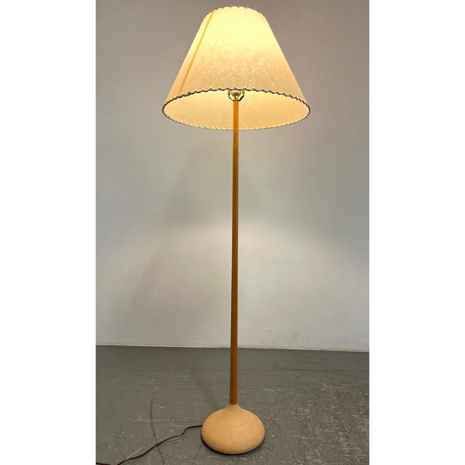 Artisan G. Scatchard Studio Pottery and Turned Oak Wood Floor Lamp with Paper Shade. (1 of 7)