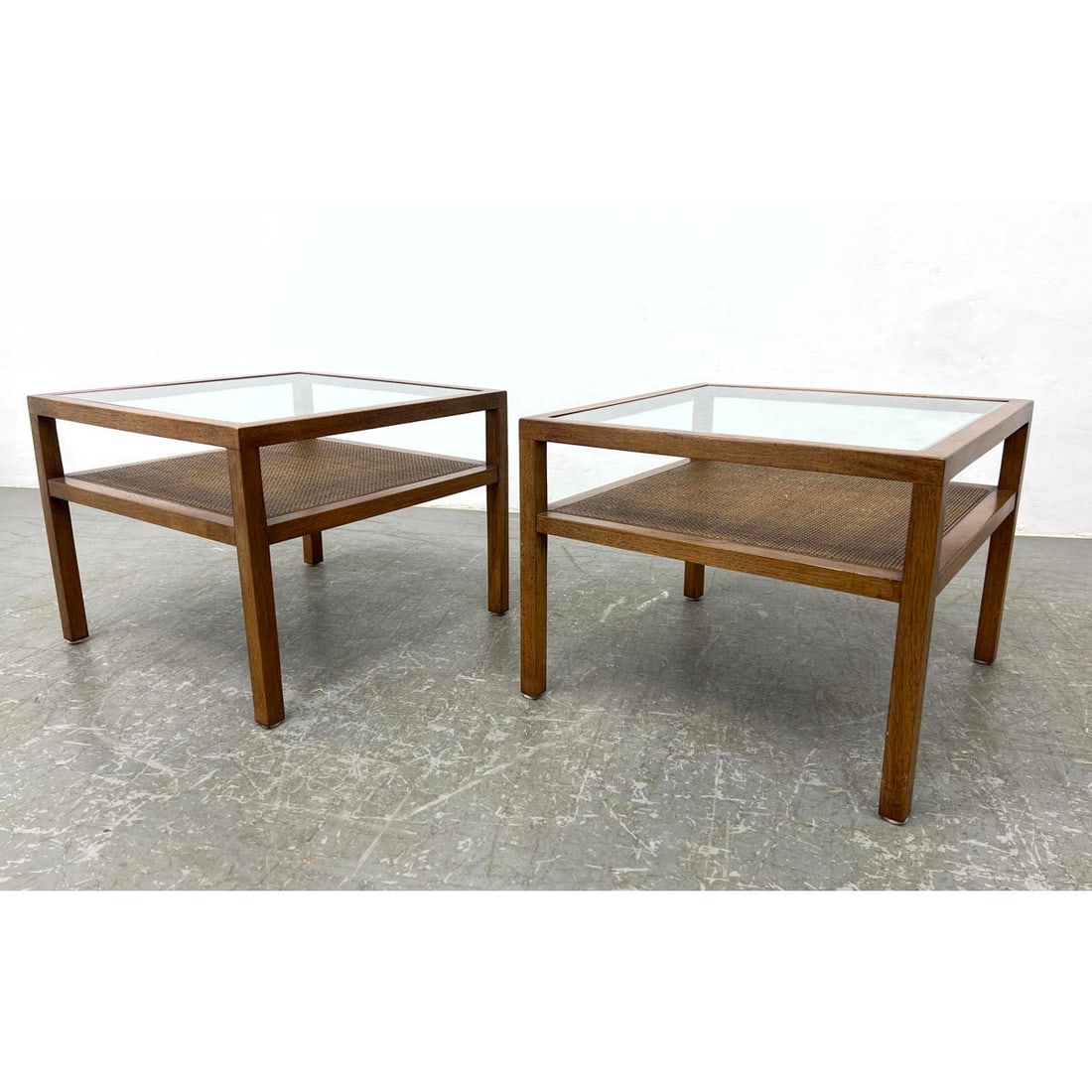 Pair Widdicomb Style Side Tables. Walnut and glass end tables with cane shelf. (1 of 15)