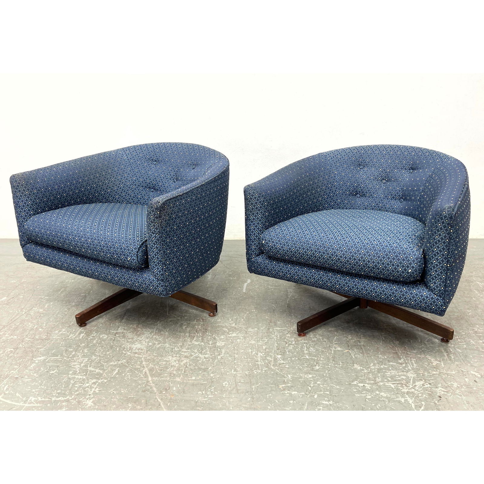 Blue Upholstered Barrel Back Swivel Lounge Chairs. attributed to Milo Baughman. Modernist seating. (1 of 11)
