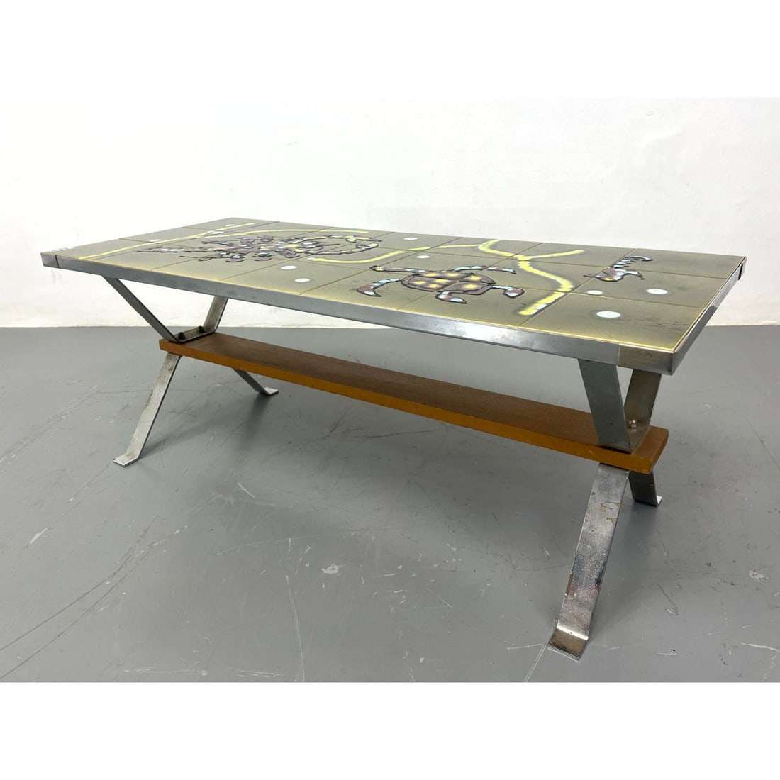 Signed ADRI Glazed Tile Top Coffee Cocktail Table. Modernist chromed steel base with wood stretcher. (1 of 15)