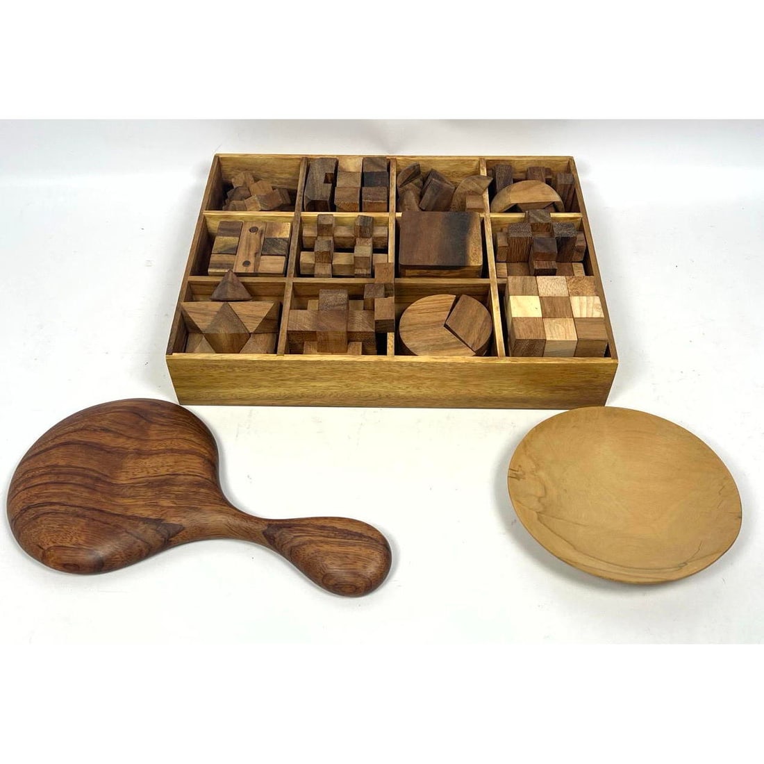 American Artisan Studio Woodworking Lot. Includes hand Made Hand Mirror. Tray of Hand Made Wood Puzz (1 of 13)