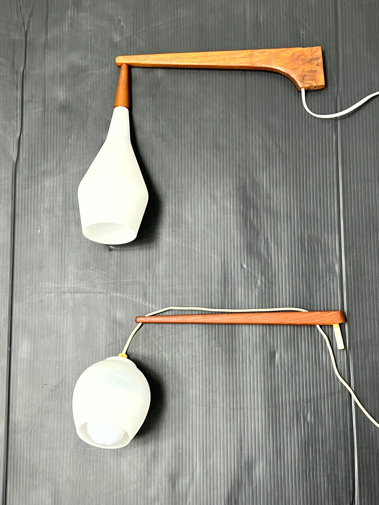 2pcs Mid Century Modern  Teak and Milk Glass Wall Sconces. (1 of 8)