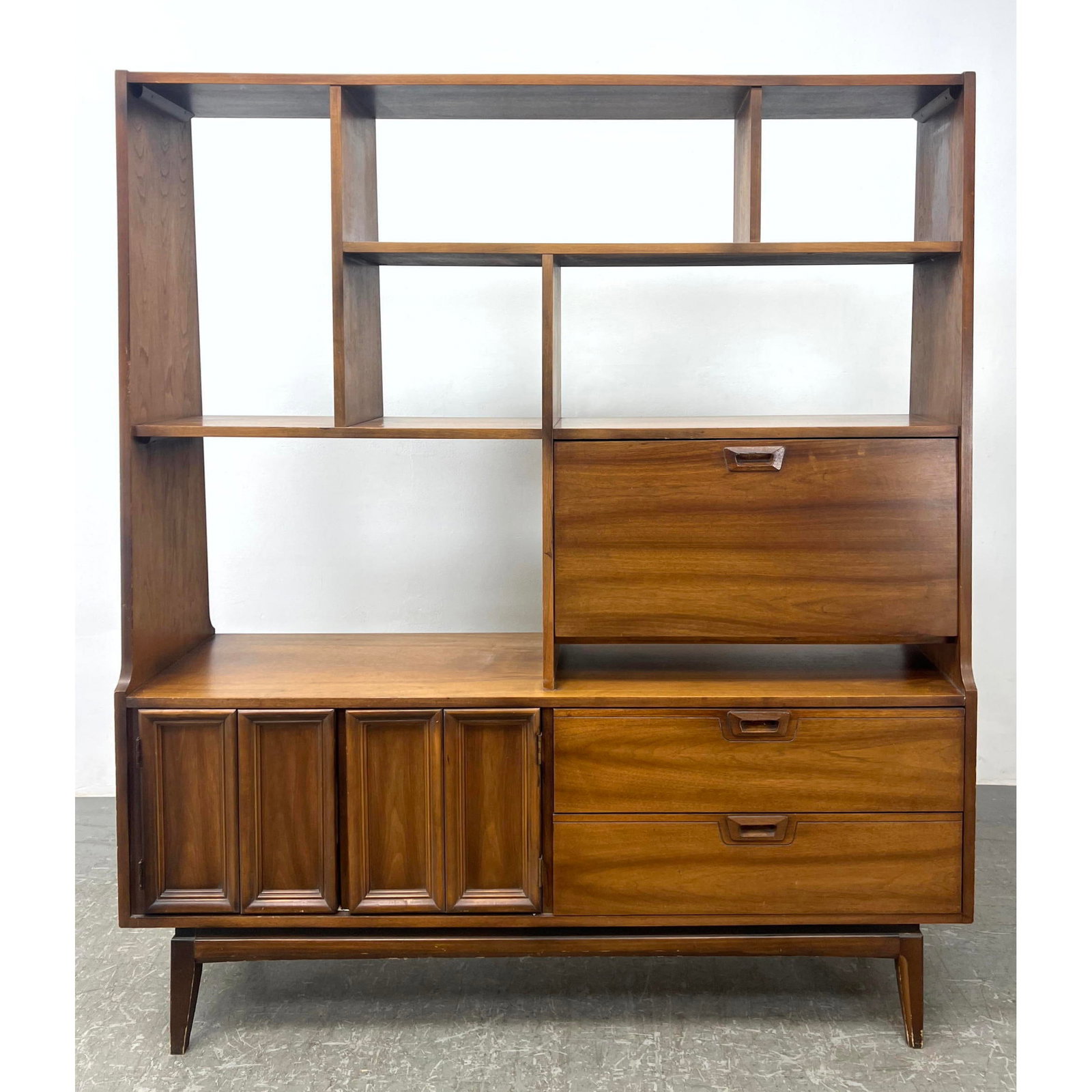 American Modern Walnut Shelf Cabinet Unit, Room Divider. Free Standing shelves with cabinet space be (1 of 10)