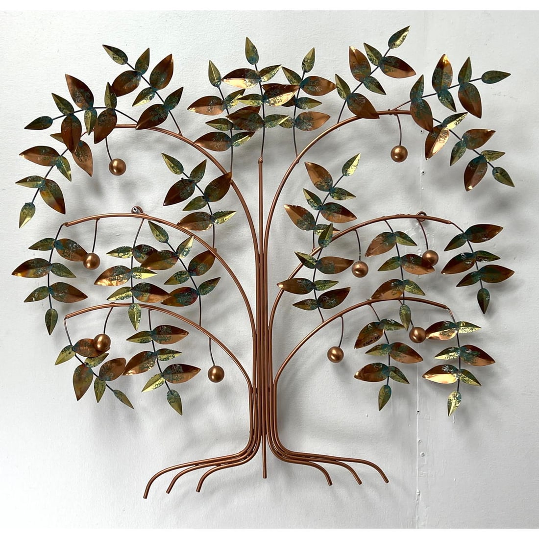 Signed C JERE 1987 Mixed Metal Fruit Tree Sculpture. Wall Hanging form with paint decorated leaves. (1 of 6)