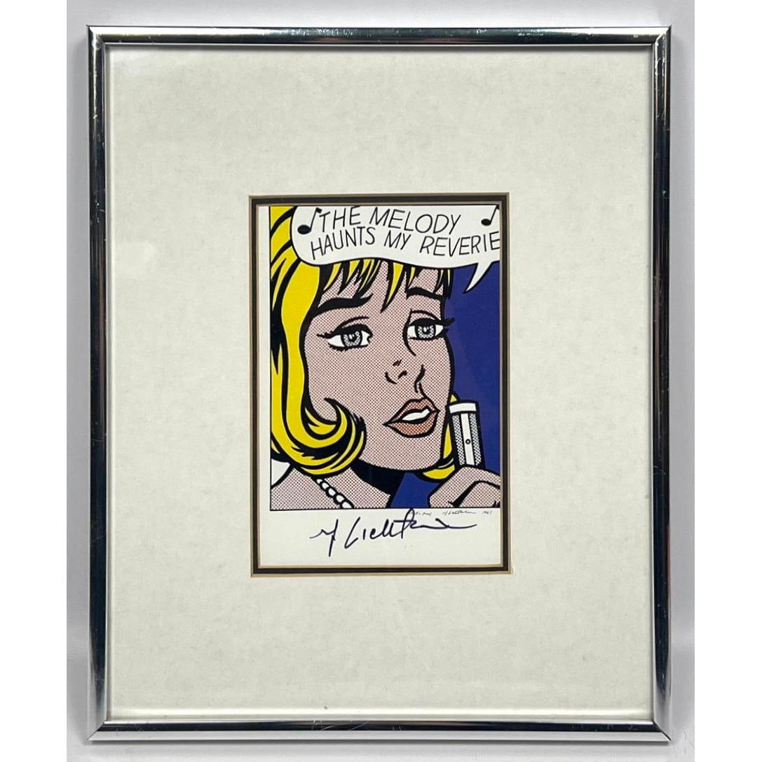 Roy Lichtenstein, Reverie, 1965, screen print postcard, Private Collection. Beckett authenticated ha: Roy Lichtenstein, Reverie, 1965, screen print postcard, Private Collection. Beckett authenticated hand signature. From 11Pop Artists, volume Il, published by Original Editions, New York. Dimensions: F