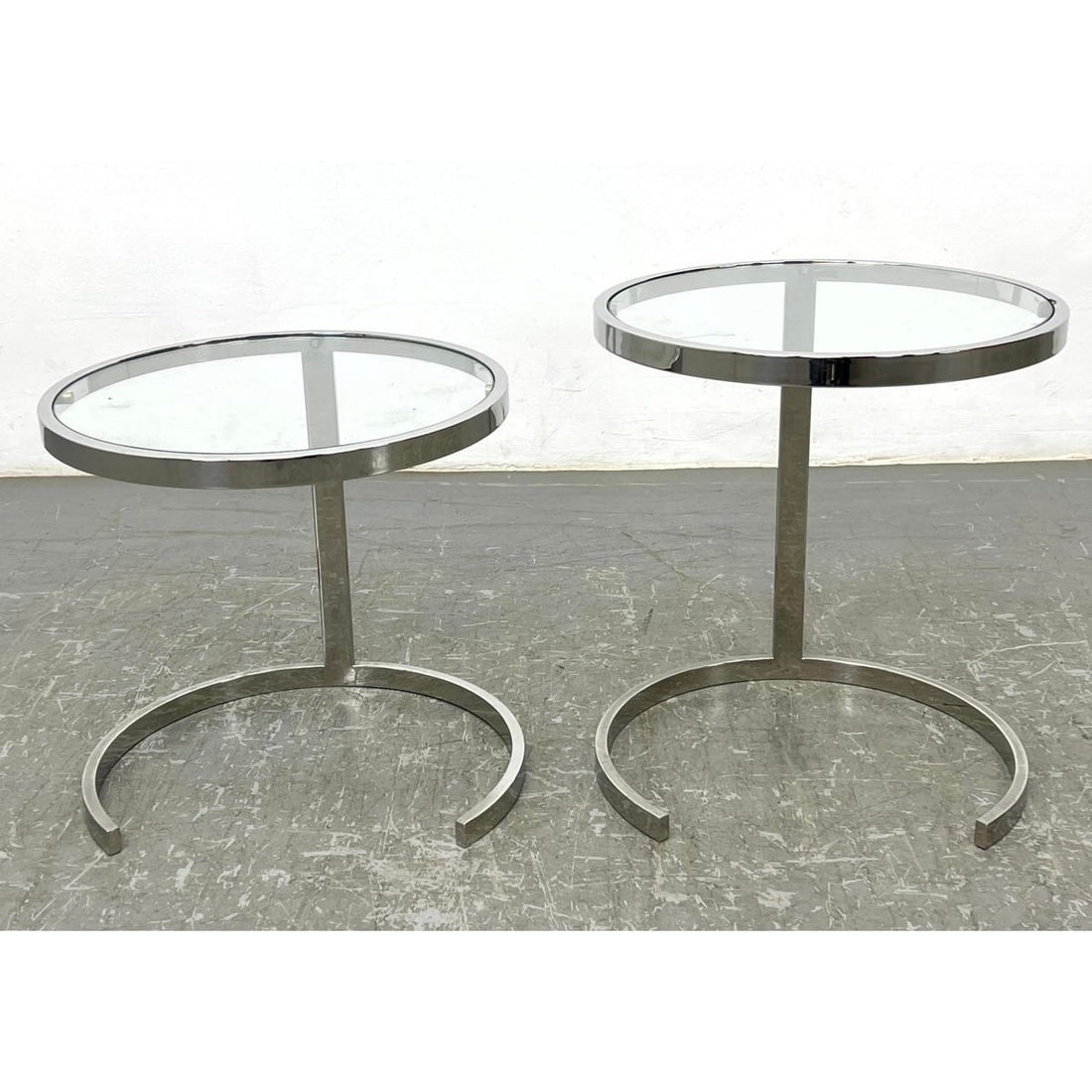 2pc Eileen Gray inspired Glass Top Side Tables. Chromed Metal Frames. (1 of 7)