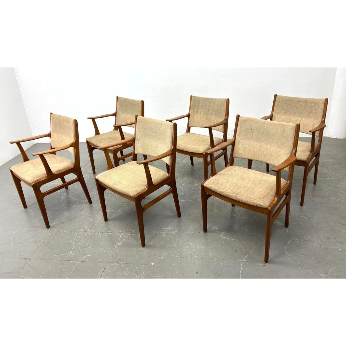 Set of 6 D-SCAN Teak Modernist Dining Chairs with Arms. Upholstered seats and backs.  Label. (1 of 15)