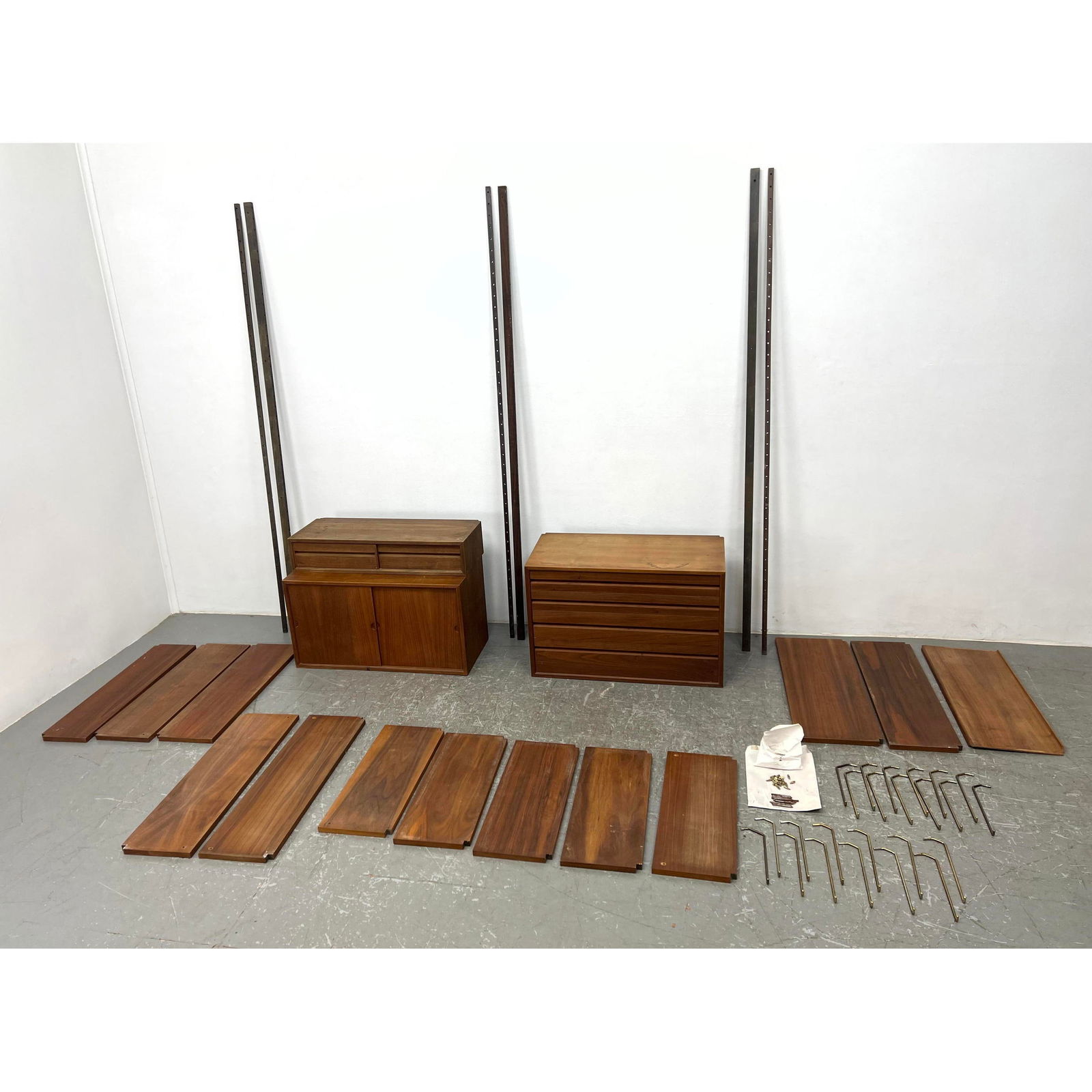 Cado Style Wall Cabinet System teak shelves and 2 cabinets. 6 thin uprights. 8 larger shelves, 5 sm (1 of 20)