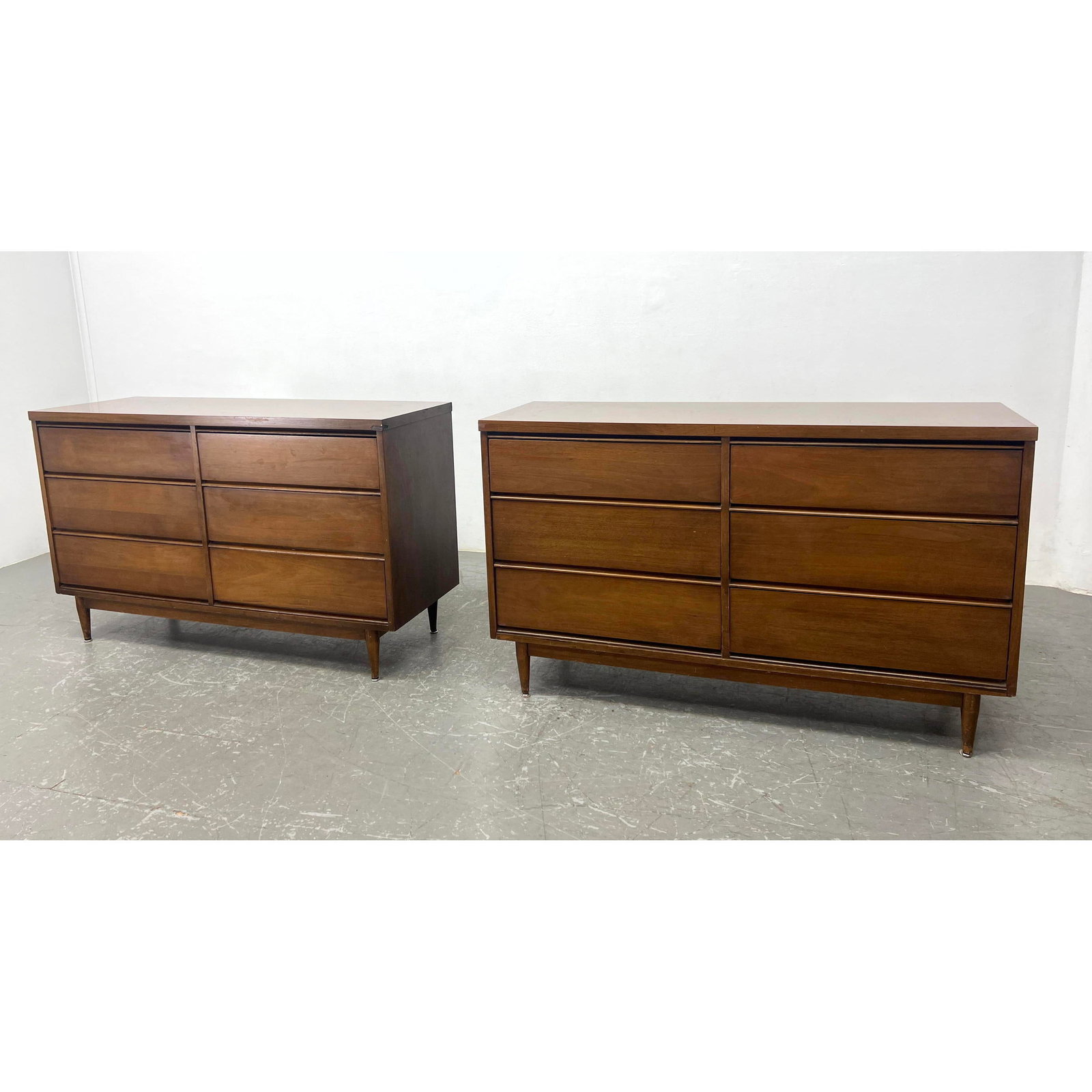 Pr Faux Wood Laminate Top Modernist Dressers. American Modern: Pr Faux Wood Laminate Top Modernist Dressers. American Modern Dimensions: Height: 30.5 inches, Width: 52 inches, Depth: 18 inches. --- - - We offer curbside delivery to NYC, Manhattan, Close Brooklyn,