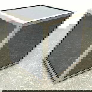 Jay Spectre Attributed for Century Furniture Chrome and Smoked Glass Cube Table: Jay Spectre Attributed for Century Furniture Chrome and Smoked Glass Cube Table Dimensions: Height: 18 inches, Width: 18 inches, Depth: 18 inches. --- - - We offer curbside delivery to NYC, Manhattan,
