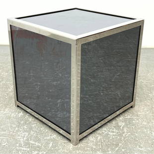 Jay Spectre Attributed for Century Furniture Chrome and Smoked Glass Cube Table: Jay Spectre Attributed for Century Furniture Chrome and Smoked Glass Cube Table Dimensions: Height: 18 inches, Width: 18 inches, Depth: 18 inches. --- - - We offer curbside delivery to NYC, Manhattan,