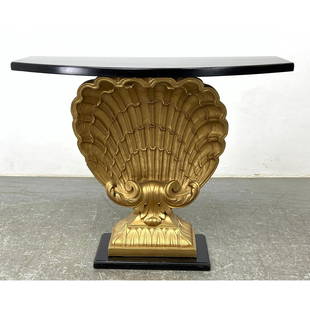 Grosfeld House Style Decorator Shell Form Console Table. Carved Plaster Shell form Hall Table. Fancy: Grosfeld House Style Decorator Shell Form Console Table. Carved Plaster Shell form Hall Table. Fancy gold painted shell form base with curved wood top. Dimensions: Height: 31.5 inches, Width: 38 inche