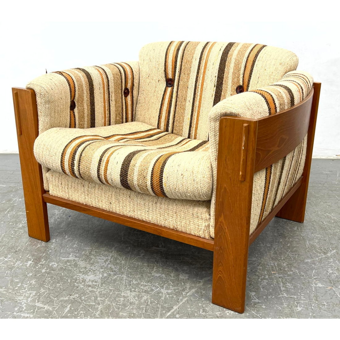 JYDSK MOBELFABRIK Danish Modern Teak Lounge Chair. Striped Upholstery on teak frame. Tongue in groov: JYDSK MOBELFABRIK Danish Modern Teak Lounge Chair. Striped Upholstery on teak frame. Tongue in groove frame. Labeled. Dimensions: Height: 25 inches, Width: 32 inches, Depth: 29 inches. - Seat Height: 