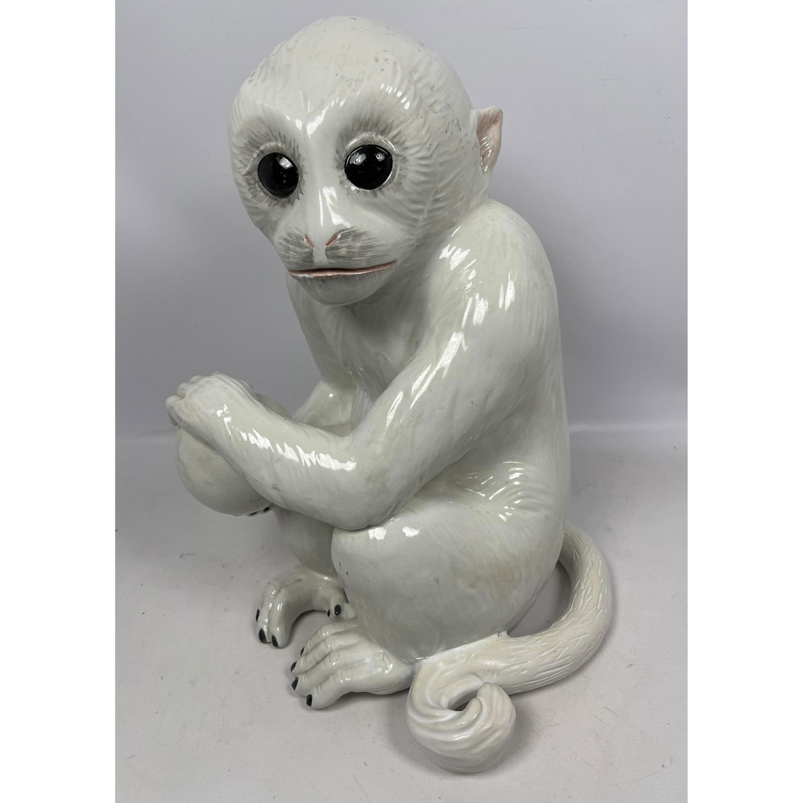 Italian Glazed Pottery Monkey Sculpture Figure. Big Black Eyes. Marked. (1 of 10)