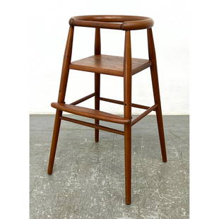 Teak high chair by Nanna Ditzel. Mid Century Modern. Labeled. Povl Dinesen label.: Teak high chair by Nanna Ditzel. Mid Century Modern. Labeled. Povl Dinesen label. Dimensions: Height: 28 inches, Width: 14 inches, Depth: 15 inches. - Seat Height: 23 inches --- - - We offer curbside