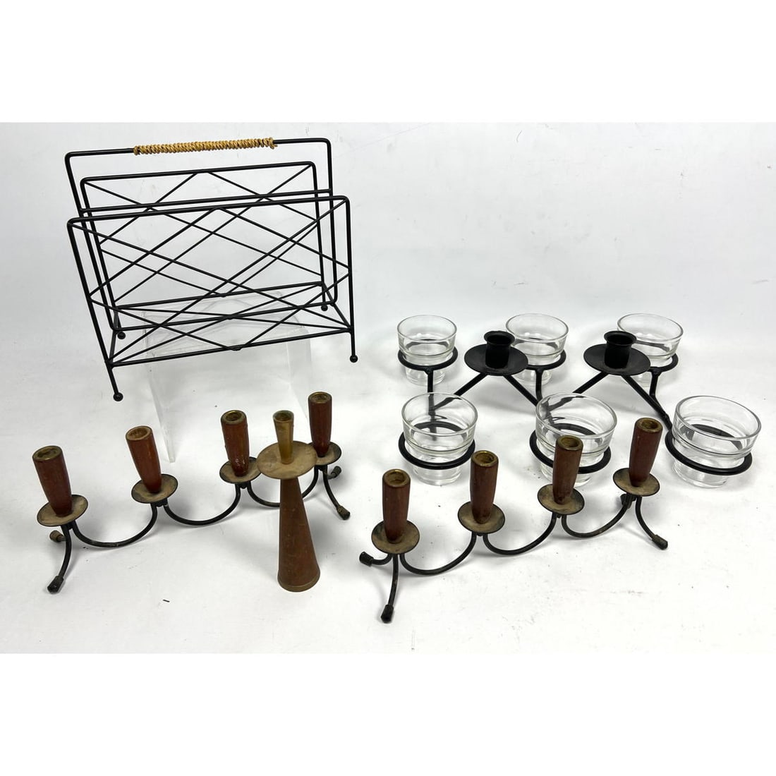 5pcs Mid Century Modern Metal Lot. Candleholders. Ben Seibel Style Napkin Holder. Centerpiece: 5pcs Mid Century Modern Metal Lot. Candleholders. Ben Seibel Style Napkin Holder. Centerpiece Dimensions: Height: 8 inches, Width: 8.75 inches, Depth: 5 inches. --- US Packing and Shipping charge: In