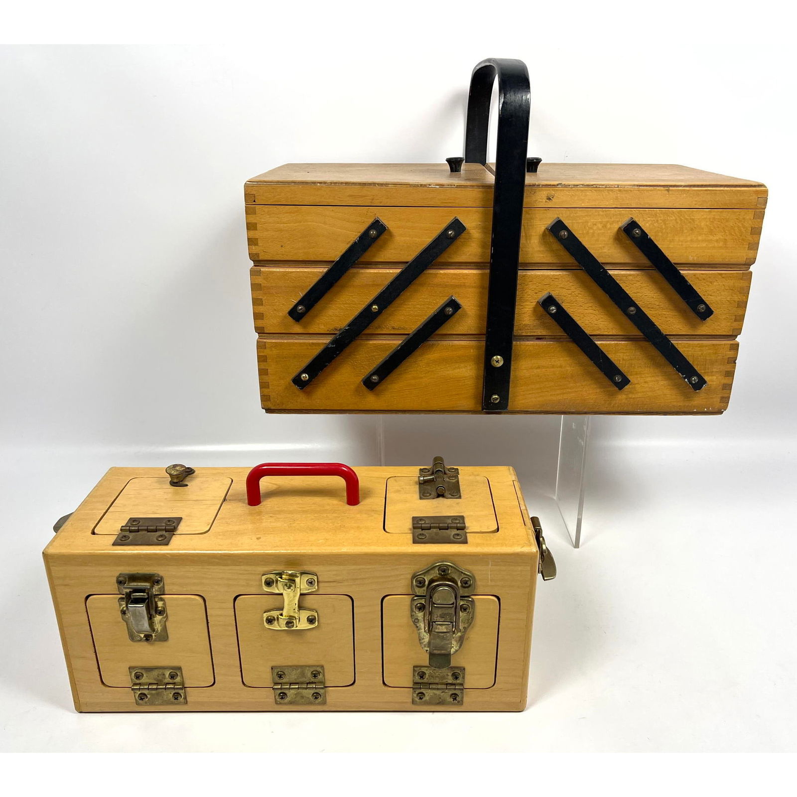 2pcs wooden storage.  Mid Century Modern Telescoping Fold Out Wood Sewing Box Kit and Folk Art Hardw (1 of 13)