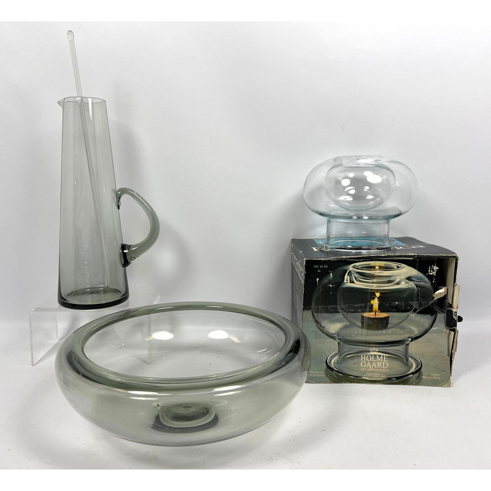 3pcs Danish Modern Holmegaard Glass. Denmark: 3pcs Danish Modern Holmegaard Glass. Denmark Dimensions: Height: 12.5 inches, Width: 4.5 inches, Depth: 7 inches. --- US Packing and Shipping charge: In house shipping available. Will be calculated on