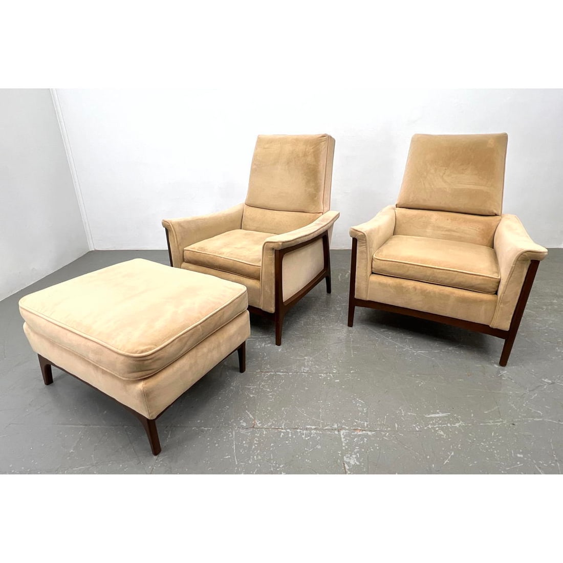 3pc Walnut Framed Pair Lounge Chairs. One Ottoman. Stylish Modernist forms. (1 of 14)