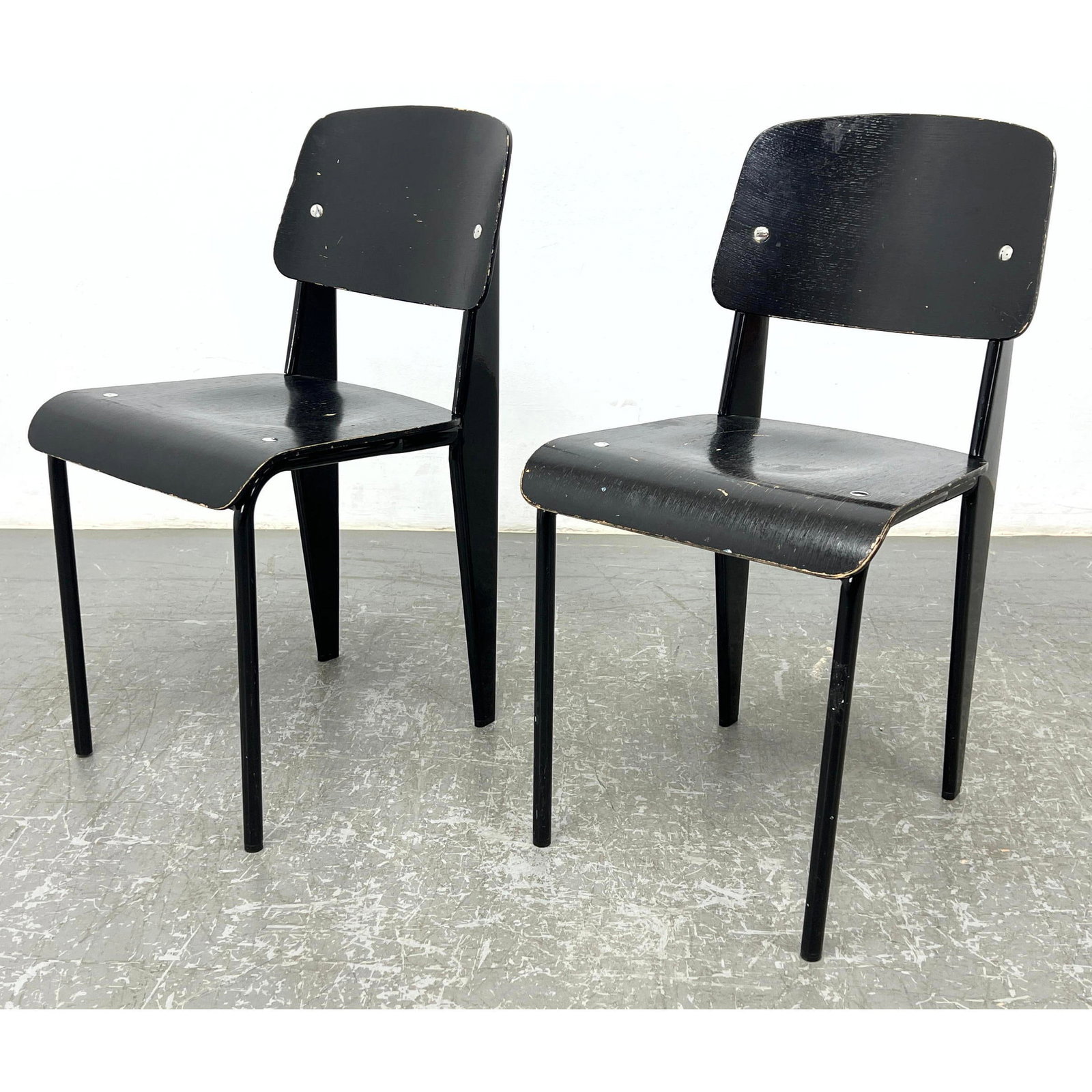 Jean Prouve Style side chairs. wood and Metal. Unmarked.: Jean Prouve Style side chairs. wood and Metal. Unmarked. Dimensions: Height: 32 inches, Width: 16.25 inches, Depth: 19.5 inches. - Seat Height: 19 inches --- - - We offer curbside delivery to NYC, Man