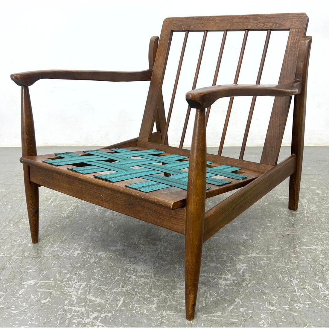 Modernist wood Frame Lounge Chair. Open Arms. Thin Spindle back. Frame Only; No Cushions. (1 of 14)