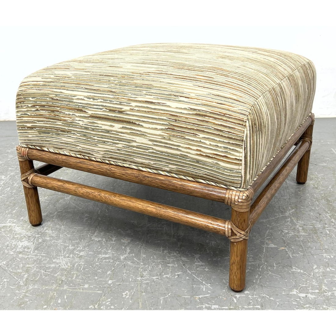 McGUIRE Wrapped Rattan Upholstered Cushion Stool. Ottoman. Striped Upholstery. Label. (1 of 10)