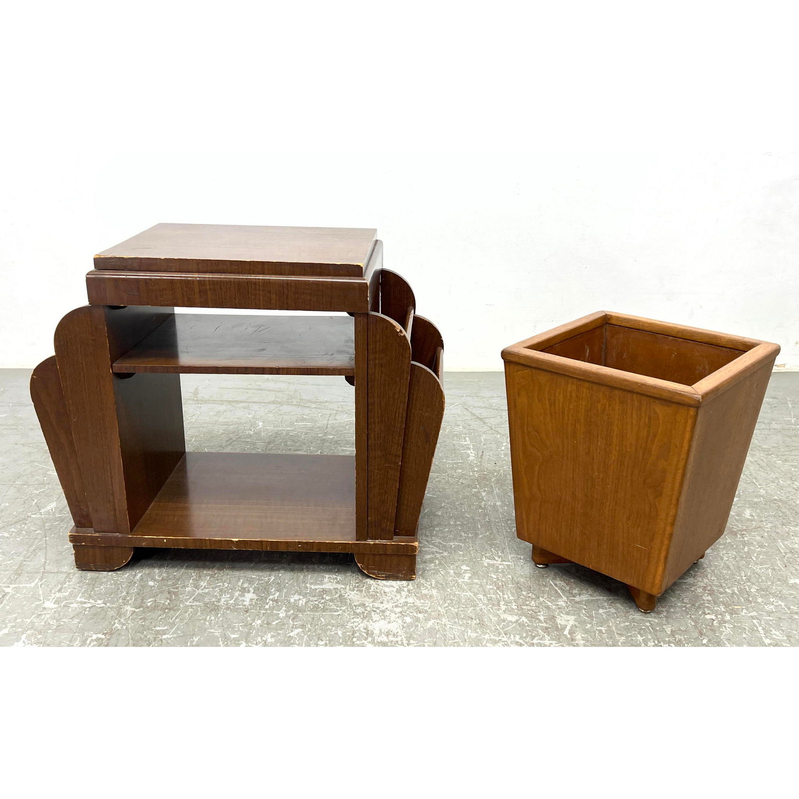 2pcs Art Deco Mahogany End Table Magazine Rack and Walnut Waste Basket (1 of 16)