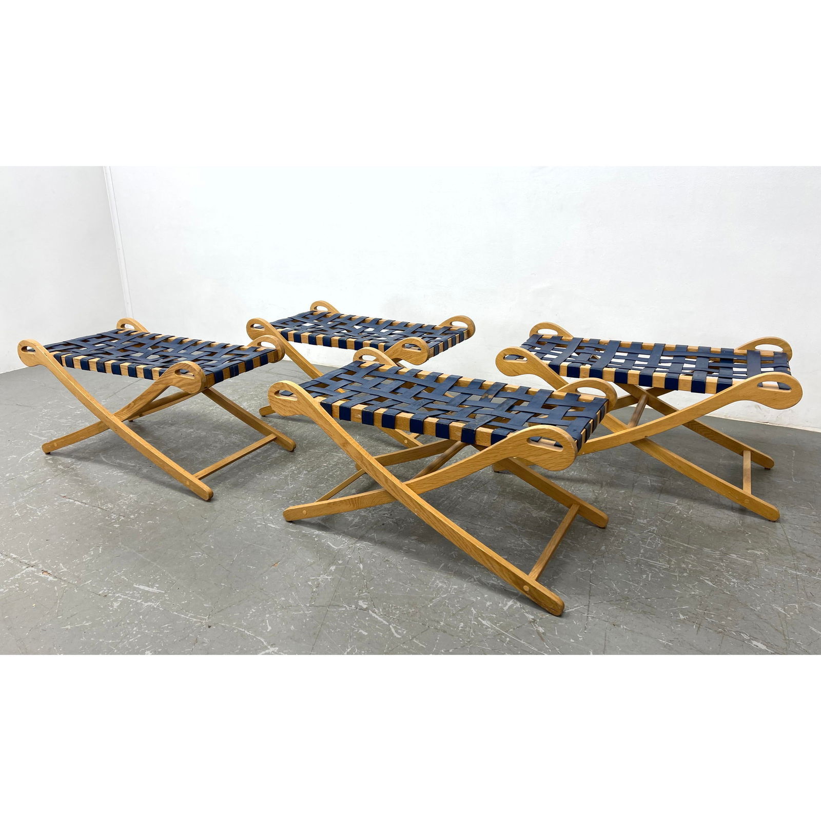 Set 4  Blue Leather and Oak Cross Leg Bench. Saber design frame. Woven straps. (1 of 11)