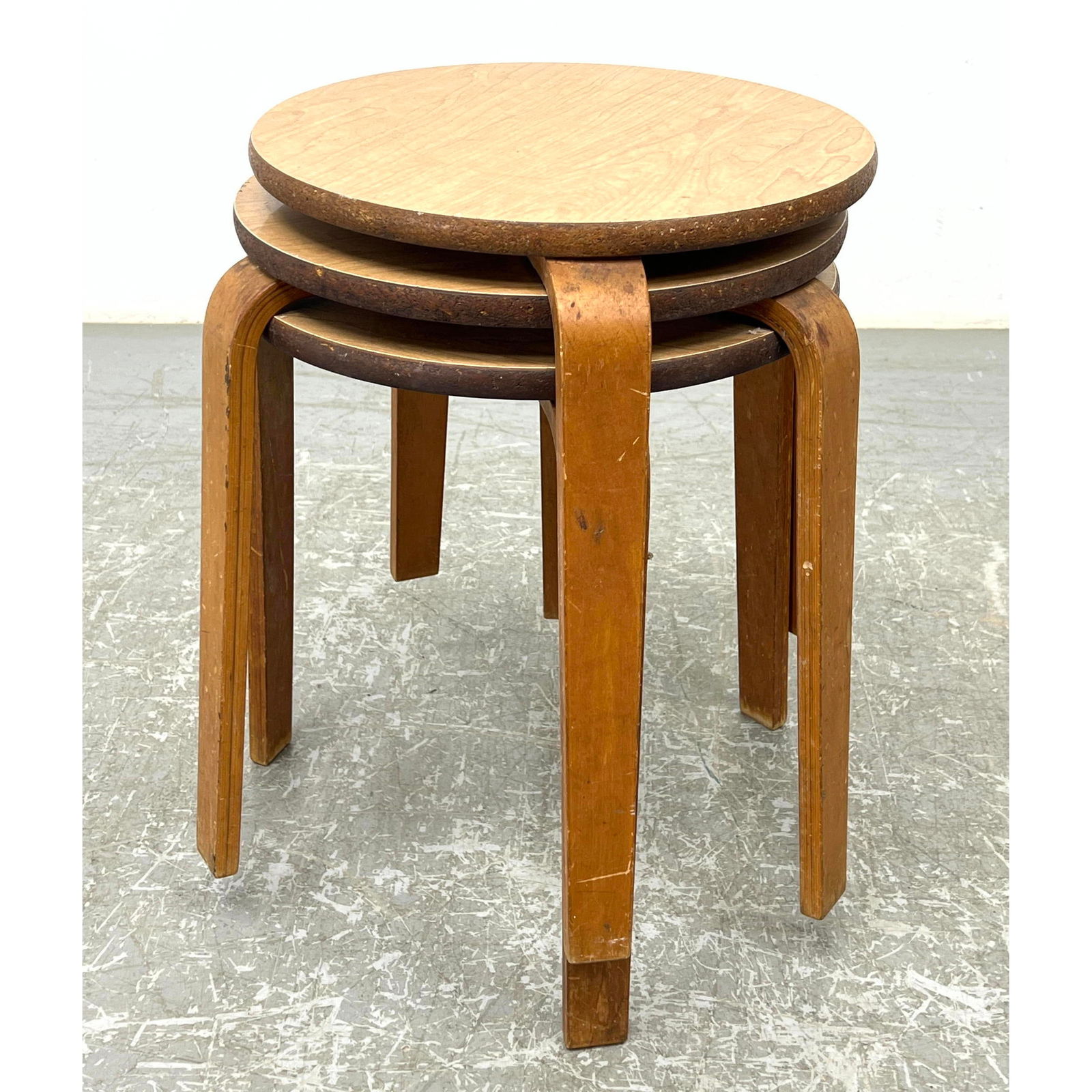 Set 3 Alvar Aalto Style Stacking stools Tables. Laminate tops. (1 of 8)