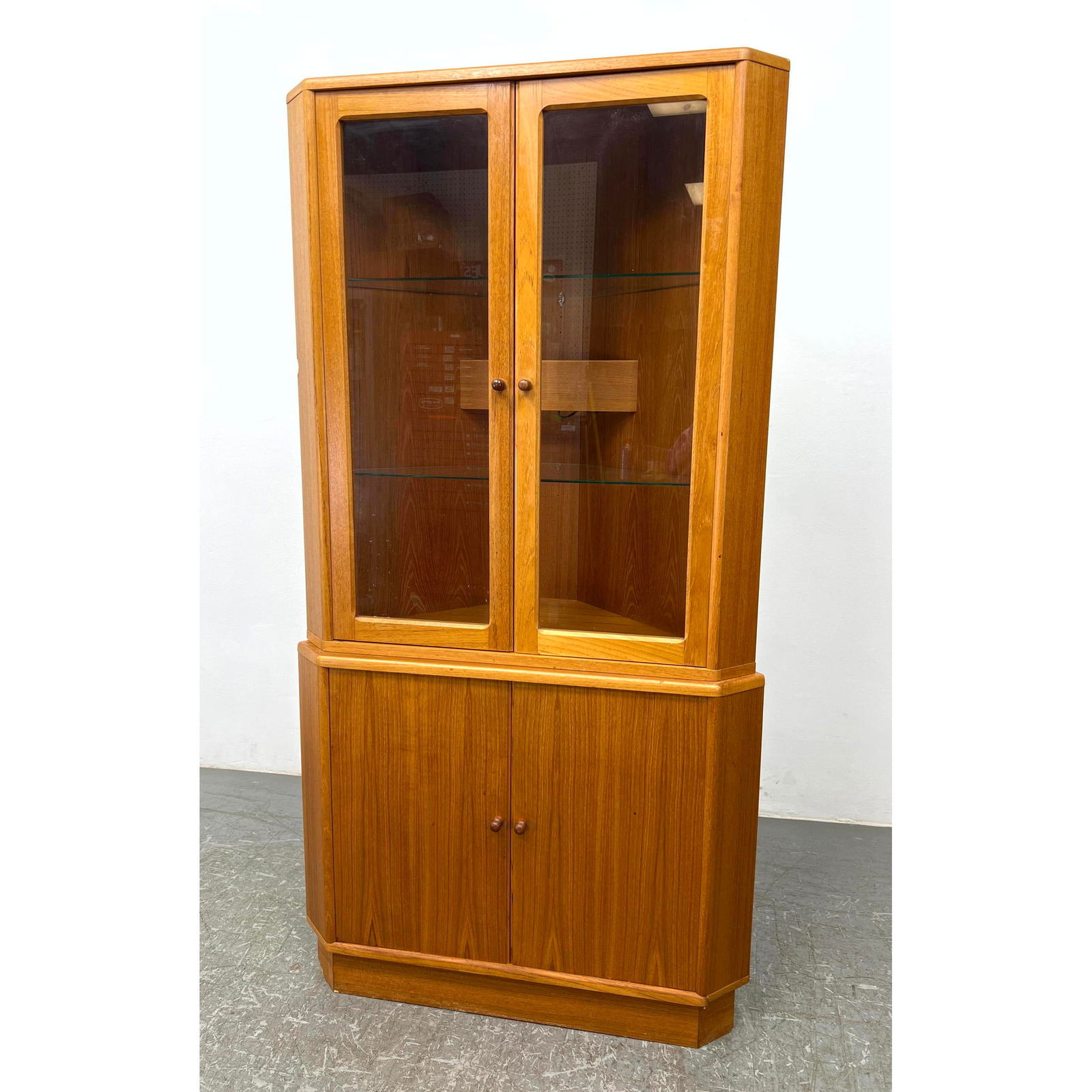 Danish Modern Teak China Corner Cabinet. Two Sections. Top has glass doors. Storage Cabinet below. D (1 of 13)