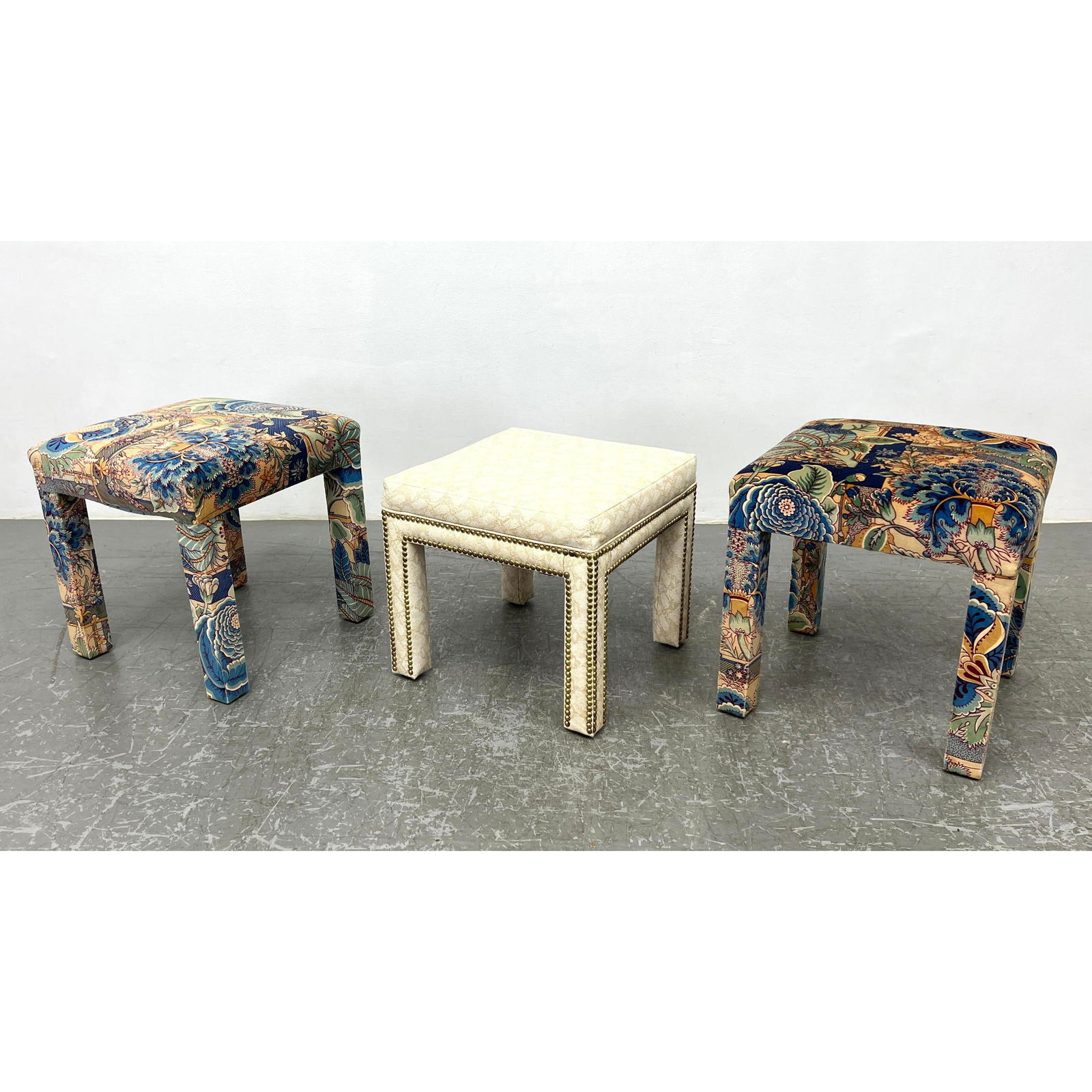 3pc Fully Upholstered Stools Benches. Two have matching floral fabric. Smaller bench has tone on ton (1 of 11)