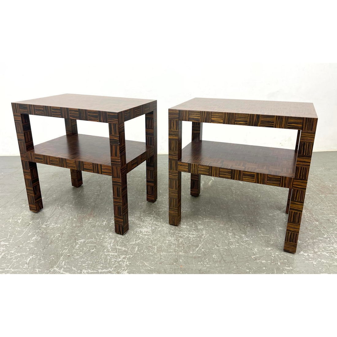 Pr Laminate Faux Parquetry Side Tables. Two Tier Modernist Decorator Tables. (1 of 15)
