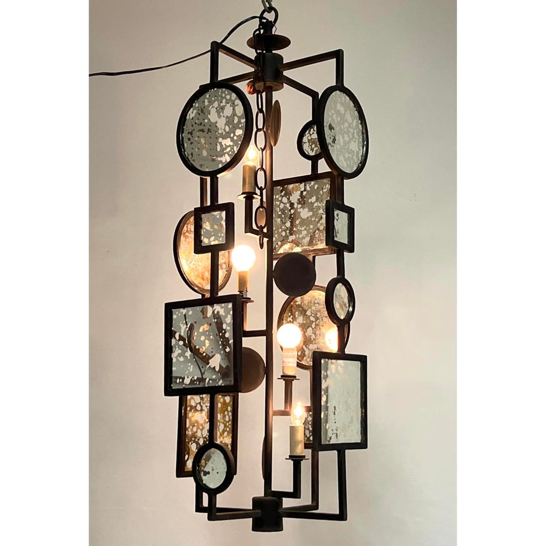 CURREY and COMPANY Iron and Mirror Hanging Light. Black Iron Frame holds Spotted finish mirror panel (1 of 11)