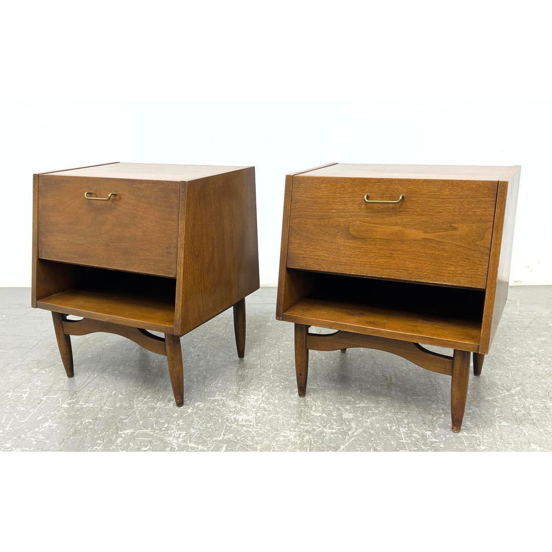 Pr AMERICAN MARTINSVILLE Merton Gershun Drop Front Night Stands. American Modern Walnut Cabinets. Dr (1 of 16)