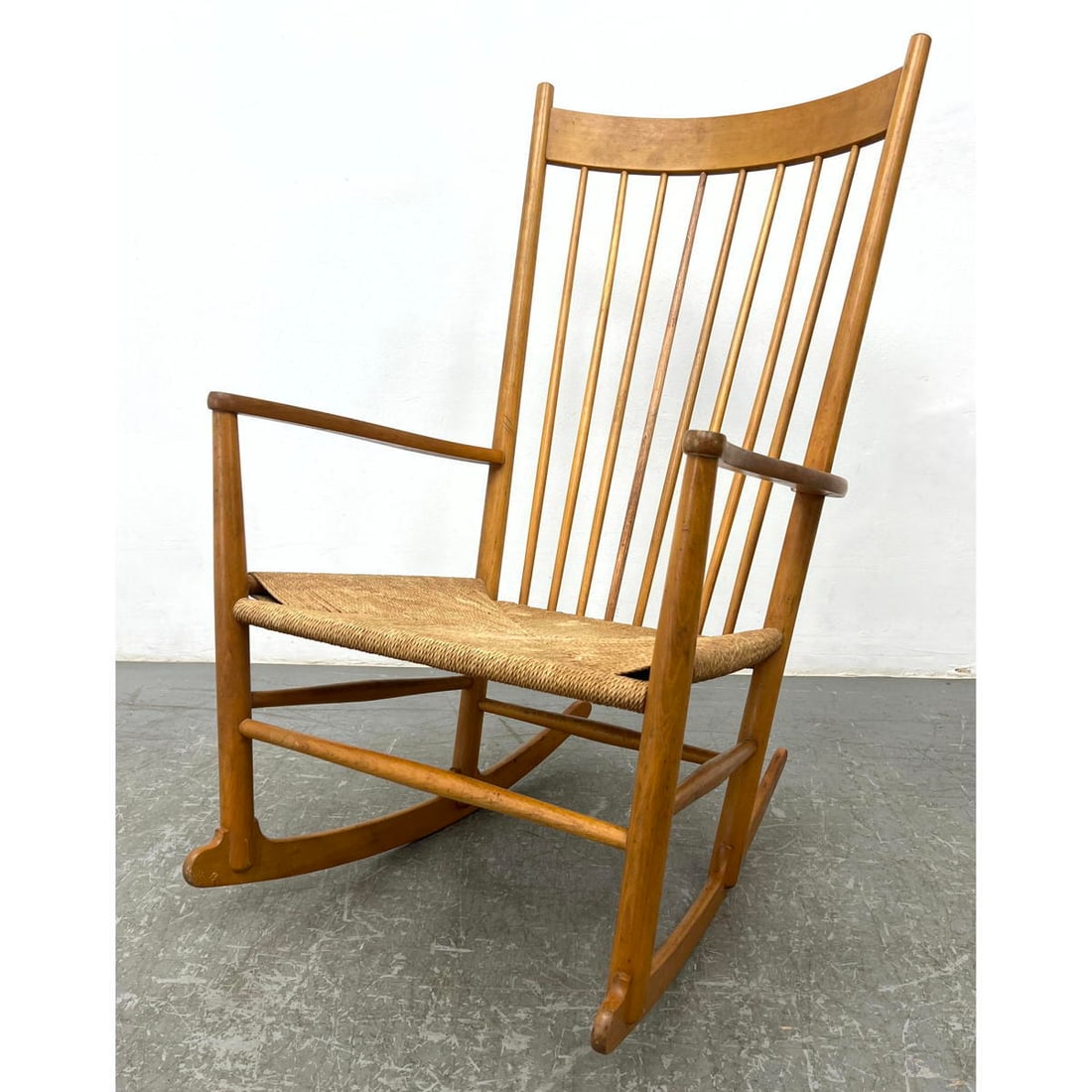 Hans Wegner Tall Spindle Back Rocking Chair Rocker. Danish Modern. Woven rush seat. Made in Denmark (1 of 10)