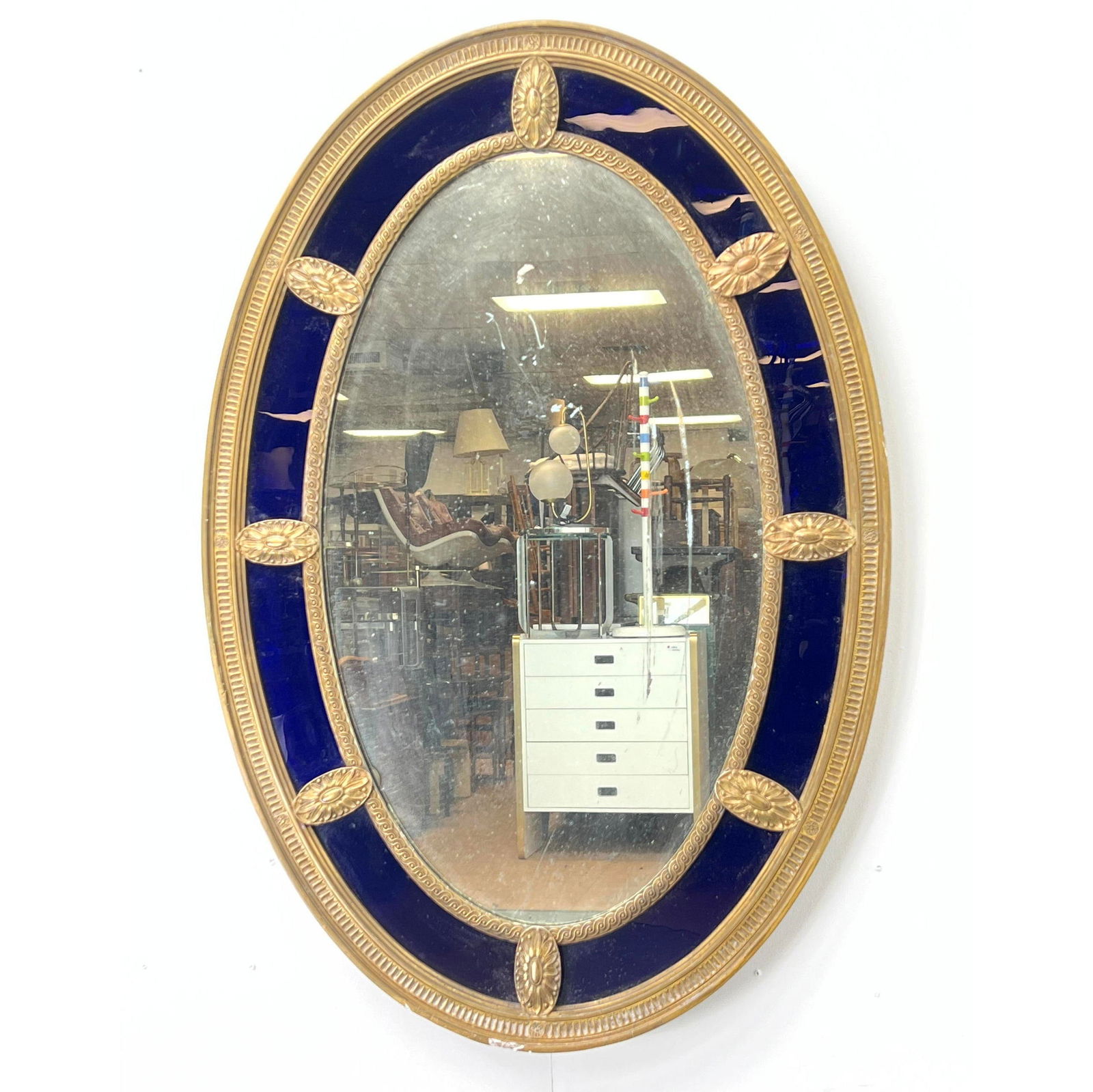 Oval Blue Glass Gilt Gesso Wood Frame Wall Mirror. Highly decorative frame. (1 of 8)