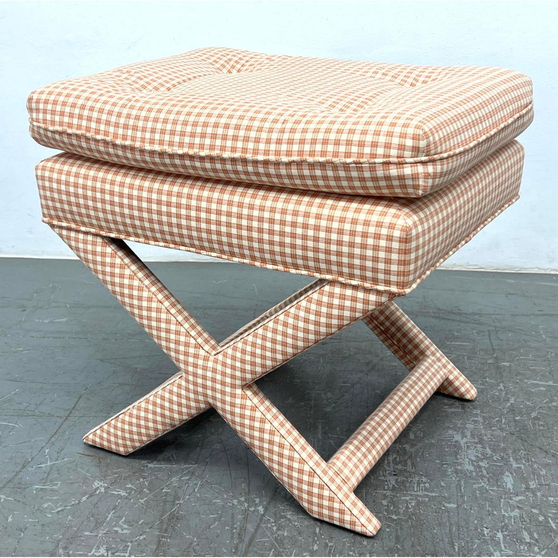 Billy Baldwin style Gingham Upholstered Bench. Stool with X form leg base. (1 of 7)
