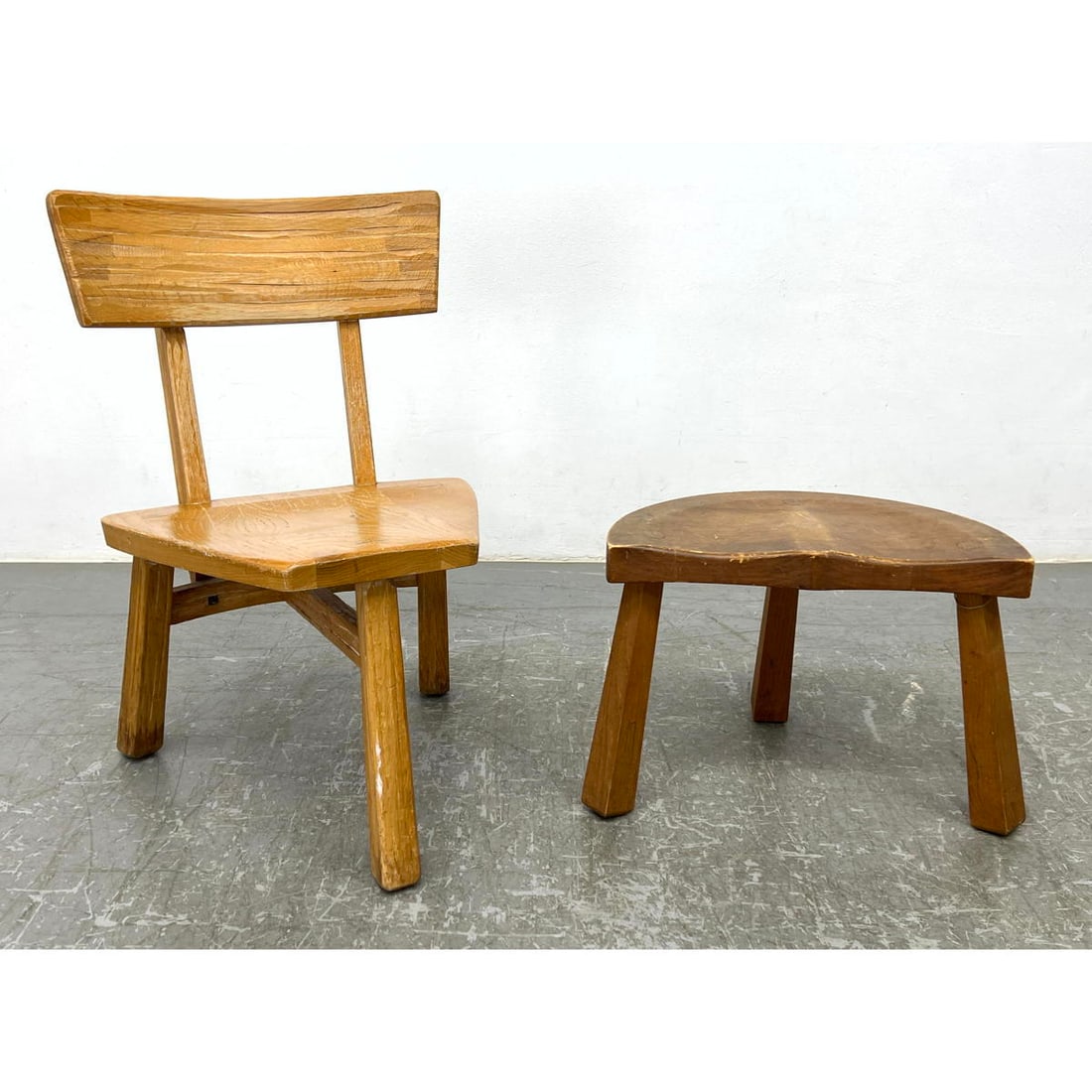2pcs Mid Century.  American Hickory Three Legged Low Chair and Similar Milking Stool (1 of 14)